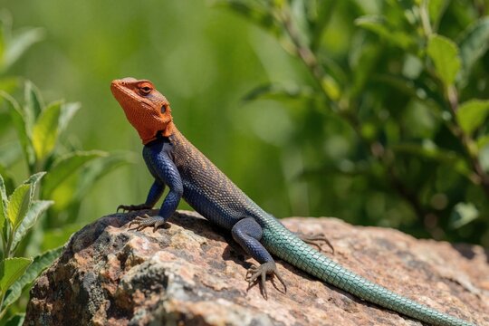 Brightly colored agama lizard with orange head, blue body rests on rough stone surface. Green foliage provides soft natural backdrop for reptile. Lizard surveys surroundings under bright daylight.