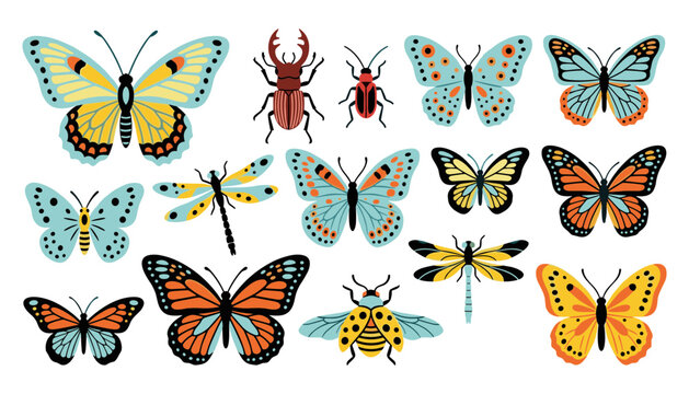 Vector illustration set of colorful decorative butterflies dragonflies beetles and flying insects icons isolated on a white background.