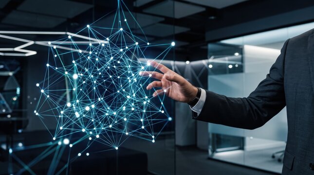 Hand touching futuristic glowing neural network structure in dark office environment, artificial intelligence and deep learning visualization for advanced technology and data