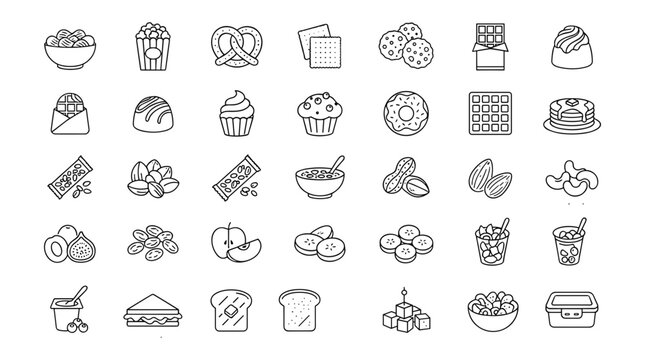 Snacks Desserts and Healthy Treats Thin Line Vector Icon Set with Cookies Nuts Chocolates Pastries Fruit and Bakery Graphic Designs