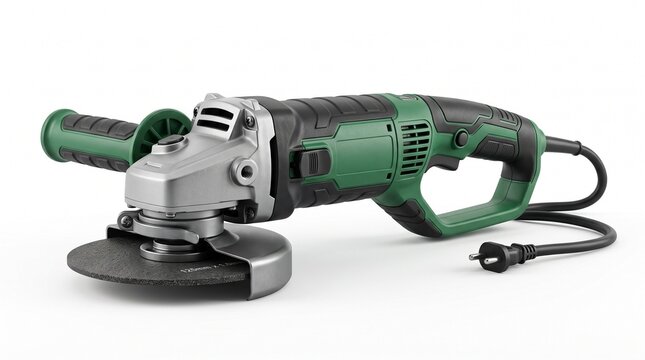 Electric angle grinder with green and black housing, professional power tool for metal cutting, industrial abrasive disc machine isolated PNG with Transparent Background