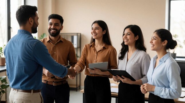 Indian HR team welcomes new male employee with handshake in modern office. Pro recruitment staff smile at job applicant during successful interview. Business people celebrate hiring success, career