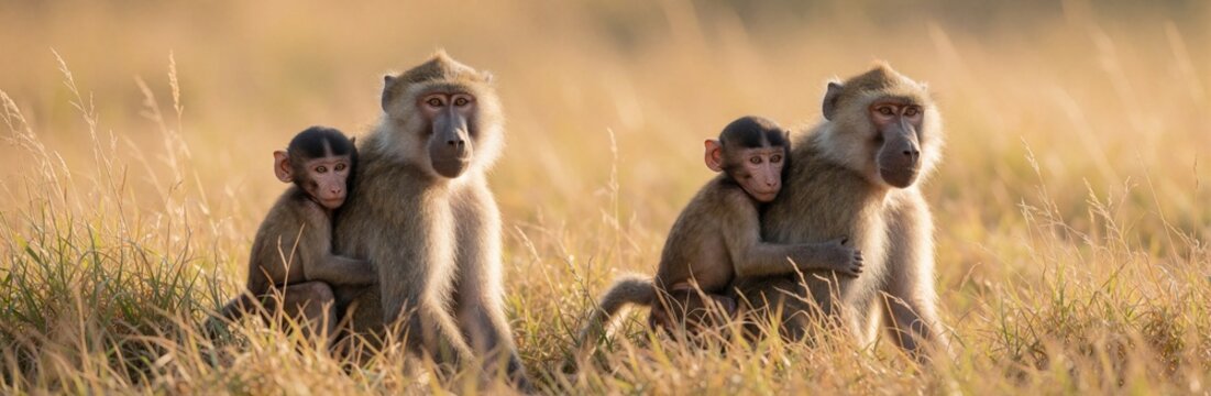 Two adult female monkeys sit in dry grassy savanna field. Mother holds small baby primate close. Young monkeys hug parents showing affection, bond. Wild animals rest in nature habitat under warm