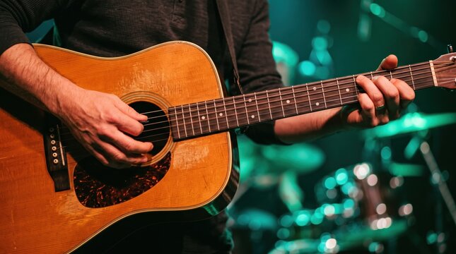 Musician playing acoustic guitar on stage with green background lights, close up of hands strumming and fretting strings during live concert performance.