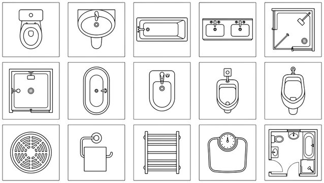 Set of bathroom furniture and sanitary ware icons in top view vector