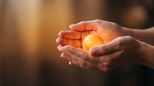 Close up of gentle hands holding a glowing golden egg, symbolizing new life, hope, potential, care, protection, and precious value in warm soft lighting atmosphere forual imagery.