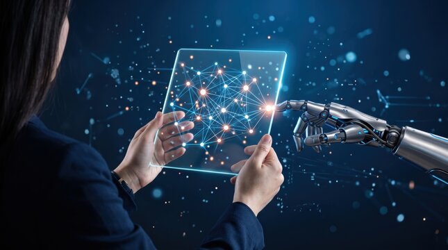 Woman and robot hand touching digital tablet with neural network connection, human machine interaction and cyborg technology concept
