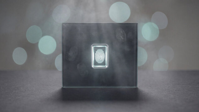 Glass panel with a glowing fingerprint scanner icon stands amid soft smoke on a dark stone surface.