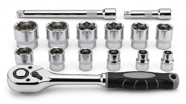 Professional chrome socket wrench set, industrial ratchet tool with extension bars, 15 piece mechanical hardware kit for automotive repair isolated PNG with Transparent Background