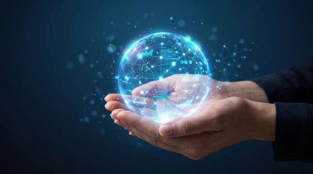 Human hands holding a glowing holographic digital globe representing global connectivity, worldwide network protection, international business expansion, earth data security