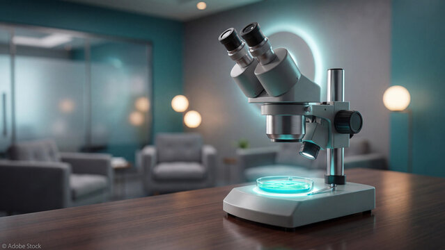 Modern microscope illuminates a glowing cyan petri dish on a sleek dark lab table.