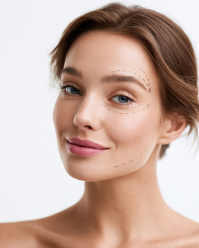 Woman smiles gently, eyes bright and confident. Fine lines trace her face, suggesting cosmetic consultation. Her brown hair is softly pulled back, clean and neat