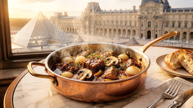 Traditional French Beef Stew in Copper Pan with View of Louvre Museum Paris