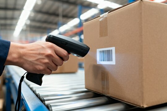 A close-up view of a warehouse worker scanning a barcode on a cardboard box using a hand scanner.