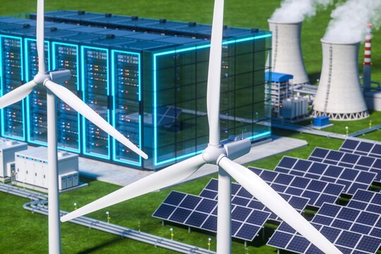 A facility showing server racks next to wind turbines, solar panels, and cooling towers on grass.