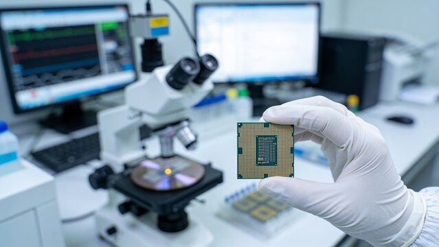 A scientist in a white glove holds a computer processor chip in a modern laboratory environment.