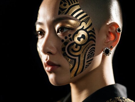 Young Japanese woman with shaved head, gold face tattoos looks away in profile. Beautiful Asian model shows intricate ethnic pattern makeup with luxury jewelry. Dramatic lighting on dark background
