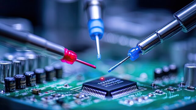 Automated probes testing microchip on circuit board, industrial electronic component inspection, integrated circuit motherboard, microelectronics semiconductor technology close‑up