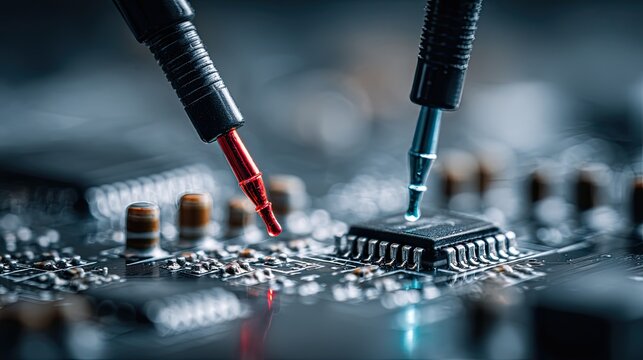 Automated probes testing microchip on circuit board, industrial electronic component inspection, integrated circuit motherboard, microelectronics semiconductor technology close‑up