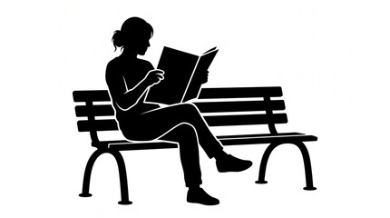 Fototapeta premium Young woman sitting on a wooden park bench reading an open book in black silhouette style
