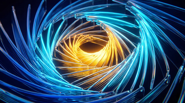 Abstract spiral tunnel with glowing blue and yellow glass elements creating a dynamic vortex effect