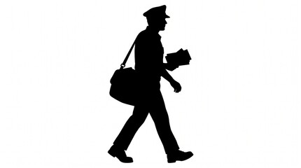 Naklejka premium Black silhouette of a walking mail carrier holding letters while wearing a traditional peaked uniform cap