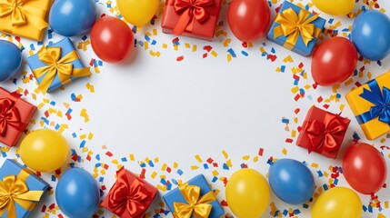 Fototapeta premium The Centerpiece of Balloons and Gift Boxes in a Festive Colorful Scene