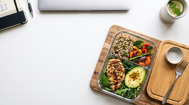 Healthy meal prep with grilled chicken and quinoa on desk