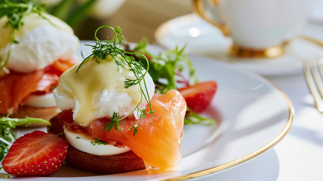 Freshly prepared eggs Benedict featuring delicate smoked salmon, perfectly poached eggs, and creamy hollandaise, served with greens and strawberries