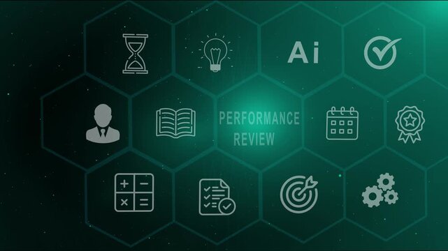Performance review and employee evaluation concept background with digital icons and hexagon grid for human resources management, corporate feedback and professional development.