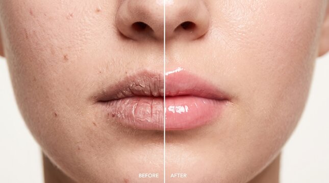 Close up macro comparison of dry chapped lips before and after moisturized skincare treatment.