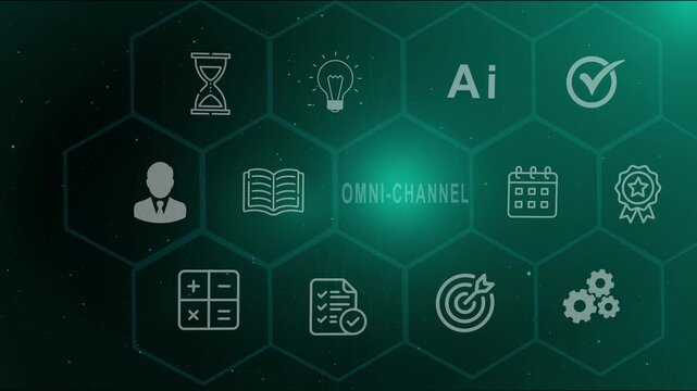 Omni-channel marketing strategy and customer experience concept background with digital icons and hexagon grid for seamless retail integration and business technology solutions.