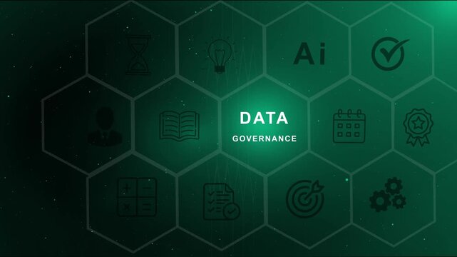 Data governance and information management background with digital icons and hexagon grid for enterprise compliance, risk security, and business automation process optimization strategies