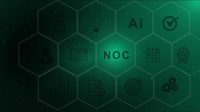 Network operations center NOC concept background with digital icons and hexagon grid for IT infrastructure monitoring, centralized management, business connectivity optimization solutions.