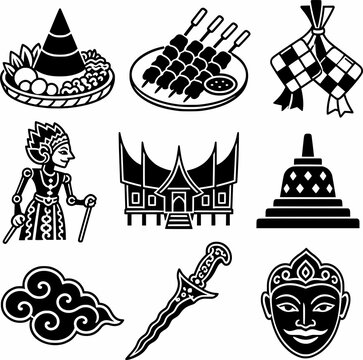  Indonesian Traditional Arts and Cultural Heritage Icon Set  Black and White Vector Symbols

