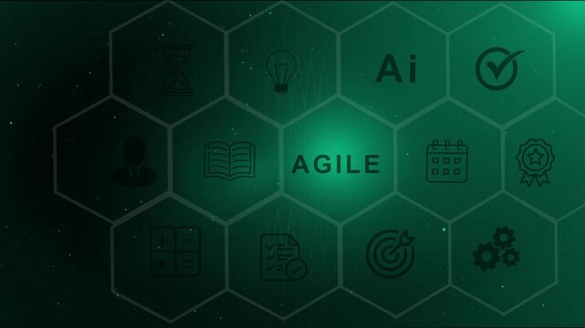 Agile methodology scrum project management background with digital icons and hexagon grid for software development, business process optimization and strategic corporate solution