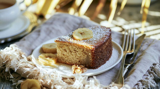 Freshly baked banana bread cake slice presenting a delicious sweet treat, served for breakfast or dessert with coffee