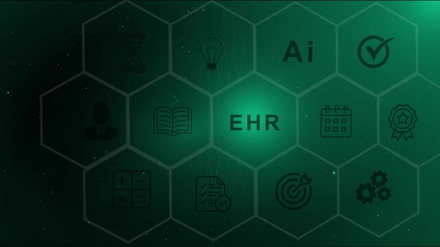EHR electronic health record medical technology concept background with digital icons and hexagon grid for healthcare data management, clinical process and digital health solutions.