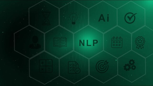 Natural language processing NLP concept background with artificial intelligence AI icons and hexagon grid for machine learning, digital technology solutions and data processing.