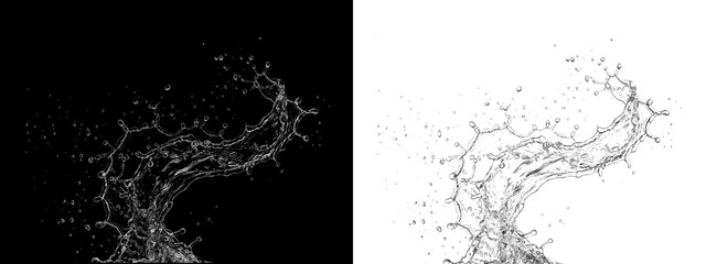 A powerfully dynamic splash of water droplets and spray captured mid air with varying exposure levels isolated on a completely transparent background © graphidik