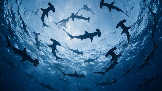 A family of hammerhead sharks waits for prey