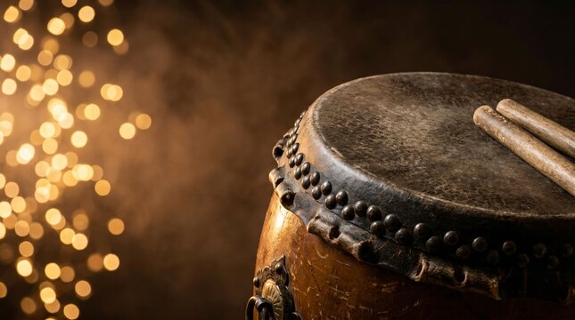 Traditional Japanese Taiko drum with wooden bachi sticks and warm golden bokeh background