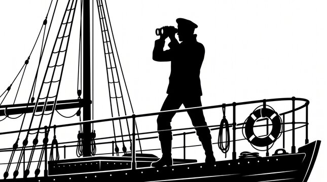 Silhouette of ship captain looking through binoculars while standing on deck of large wooden vessel