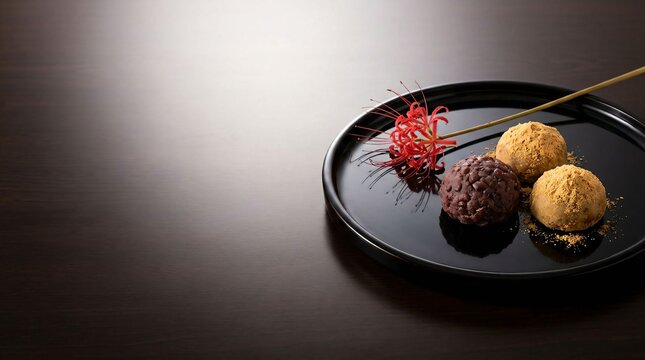 Horizontal shot of Japanese Ohagi confectionery with sweet red bean and kinako on black lacquer tray