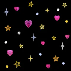 Pink hearts yellow stars sparkles seamless pattern. Romantic celestial doodle embroidery stitch style. Clothing towels bags jacket back covers packaging. Black background stitched vector illustration. © LuckyStep