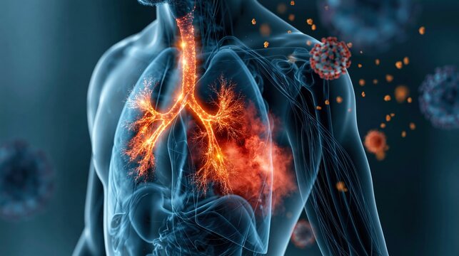 Microscopic particles assault a human respiratory system illustration.