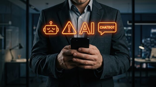 Businessman Holding Phone with AI Chatbot Problem and Warning Icons in a Corporate Office Setting