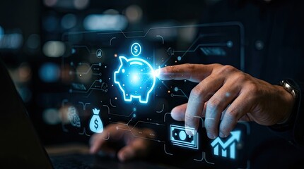 Fototapeta premium Digital Financial Planning: Hand Interacting with Futuristic Banking Interface for Savings and Investment