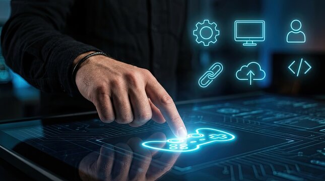 Future Gaming Technology: Man's Hand Touching Digital Controller on Interactive Interface