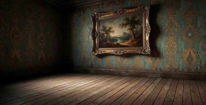 Vintage interior room with ornate gold framed landscape painting on dark patterned wallpaper. Antique wood floor covers empty space. Classic baroque style decor with luxury damask design creates